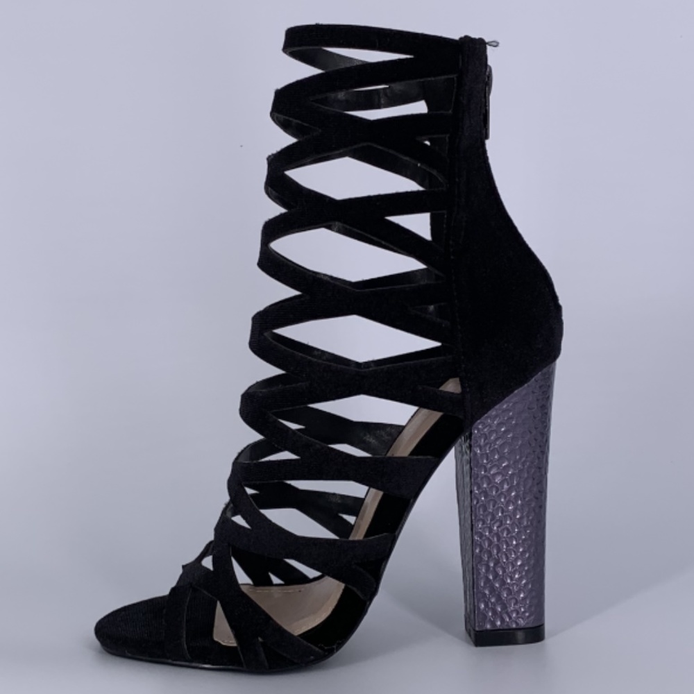 Caged Velvet Block Heels